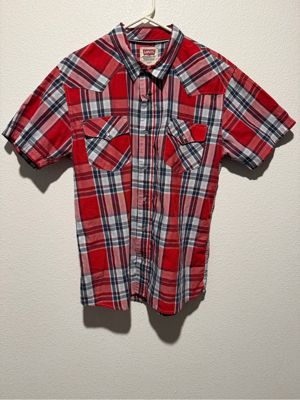 Levi's Red and White Plaid Short-Sleeve Button-Down Shirt, Pearl snap